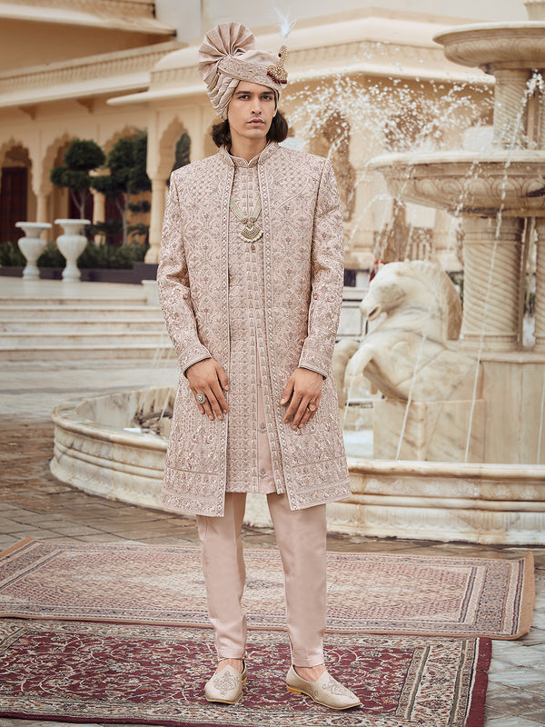 Alluring Light Grey Pink Sherwani Set