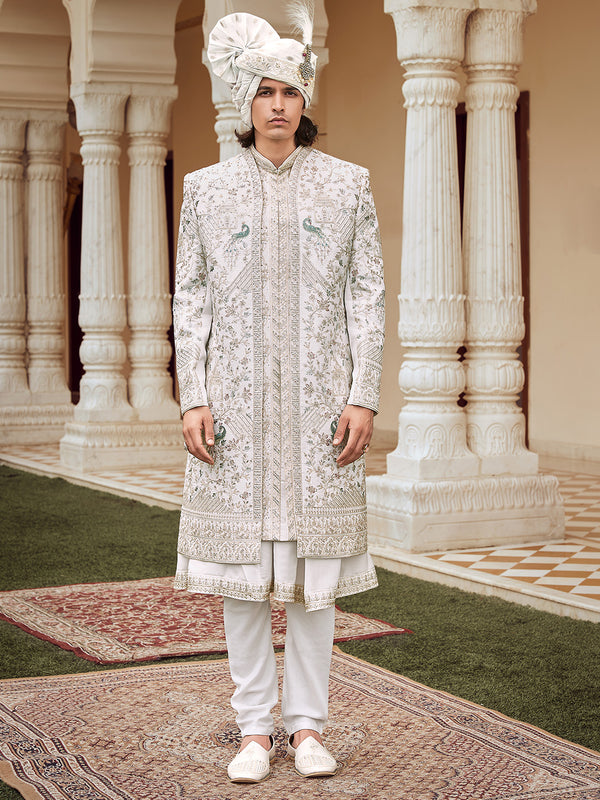 White Pleated Inner Tone-on-Tone Sherwani