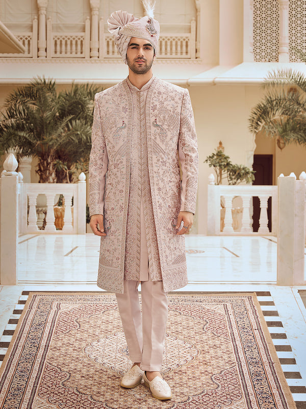 Striking Pink Kurta Floral Sherwani