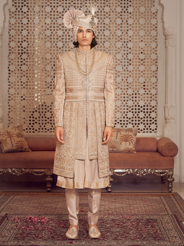 Monochromatic Khaki Tan Silk Embroidered Bandhgala
