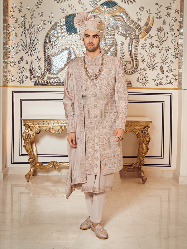 Grey Gold shadow embroidered sherwani set