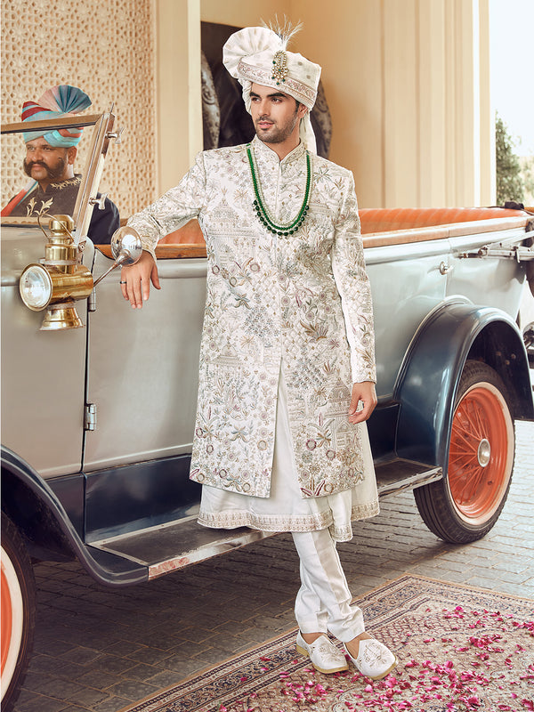 Grand Floral Embroidered White Silk Long Sherwani
