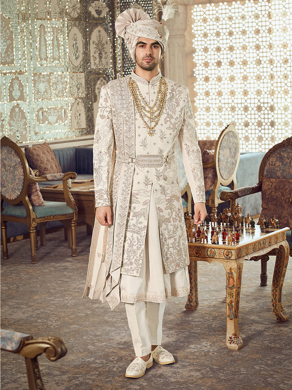 Off-White Silver layaered Sherwani Set