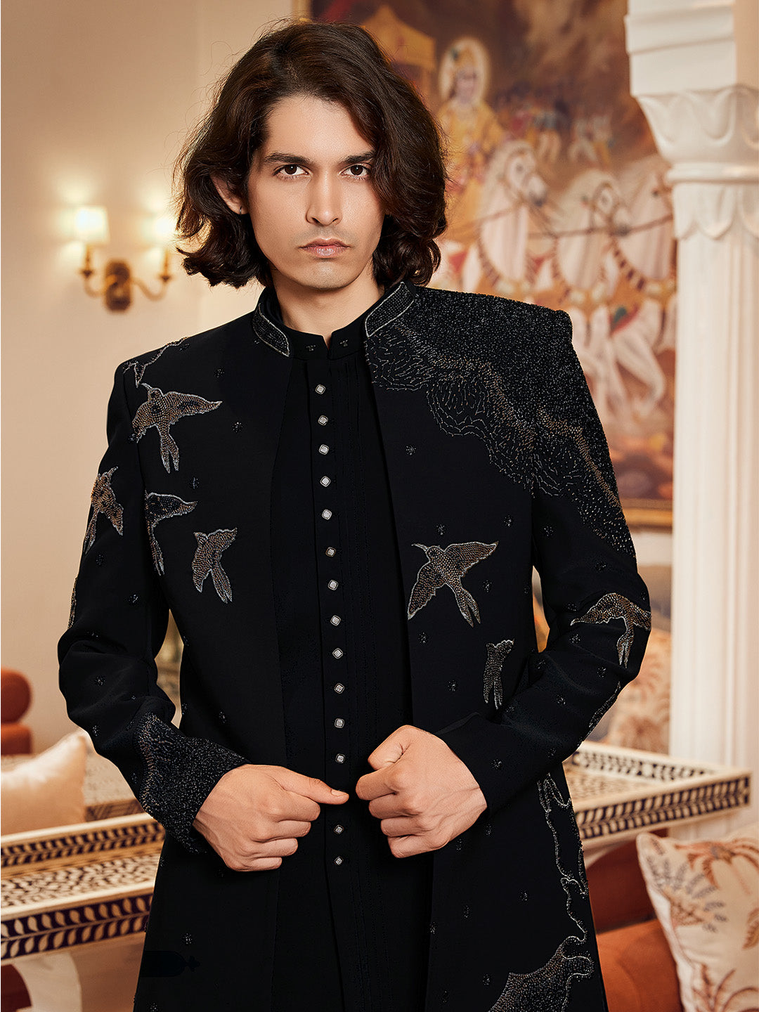 Deep Black Flying Cranes Motif Long Jacket – Suvidha Fashion