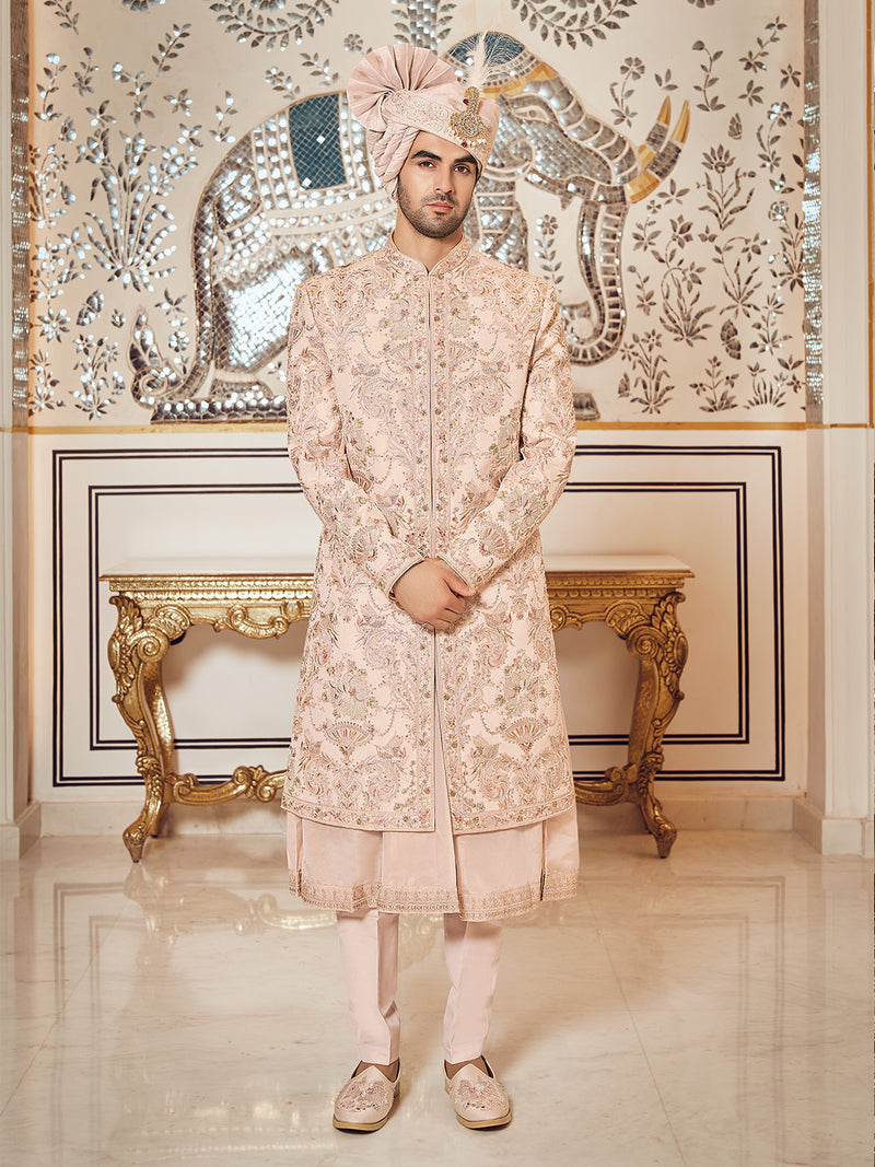 Striking Pink Kurta Floral Sherwani