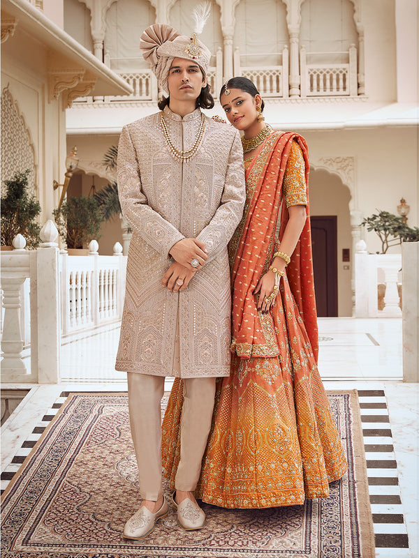 Geometric Patterned Taupe Grey Sherwani