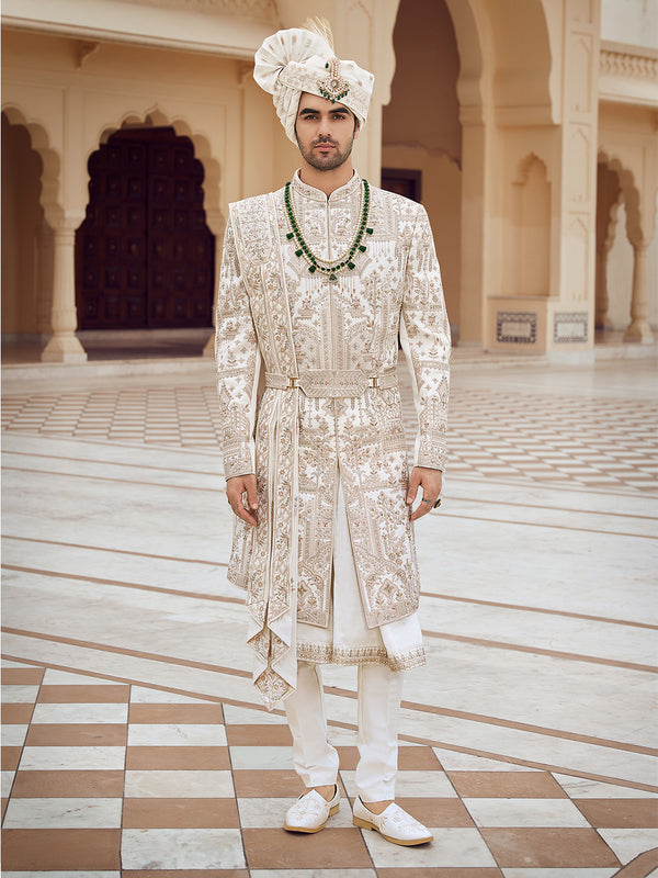 Pristine White Silver Zardozi Wedding Sherwani