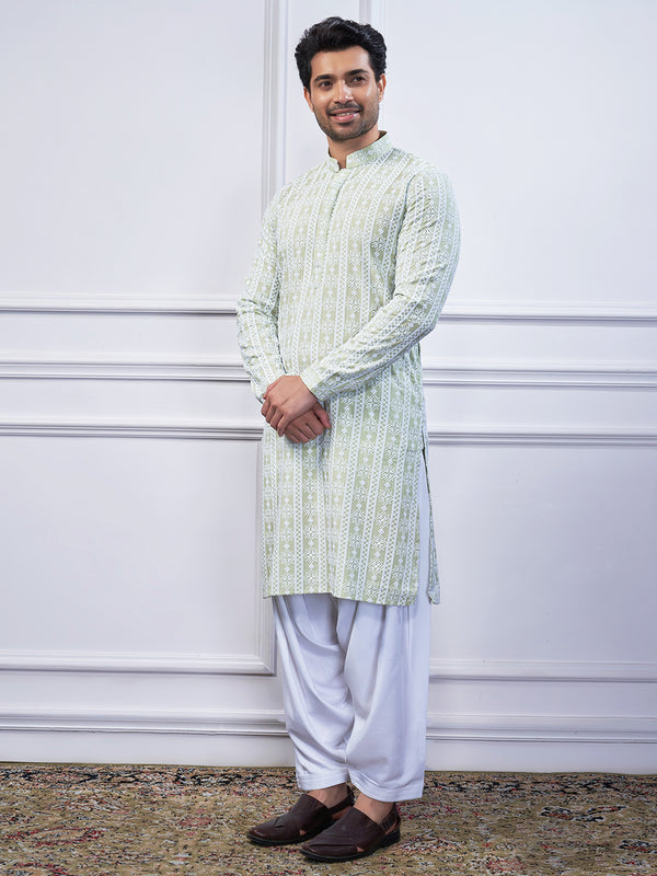Pastel green chikankari pathani set for men