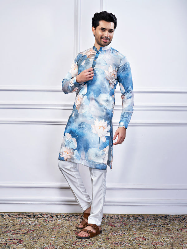 Blue shaded kurta set with lotus print