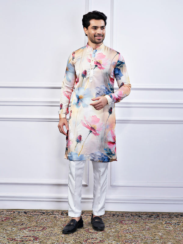 Pink and blue floral printed kurta set