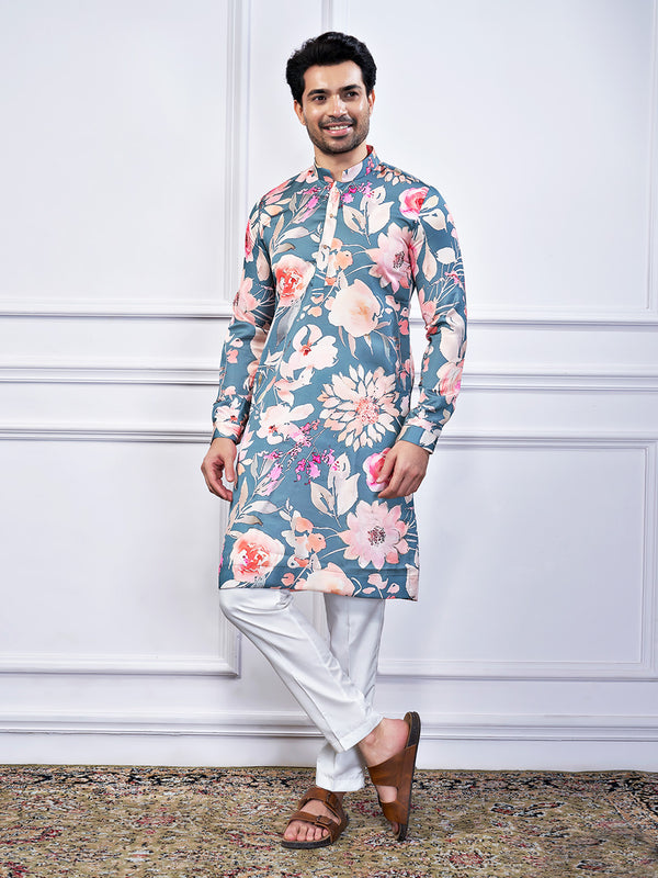 Attractive floral kurta set in cobalt blue