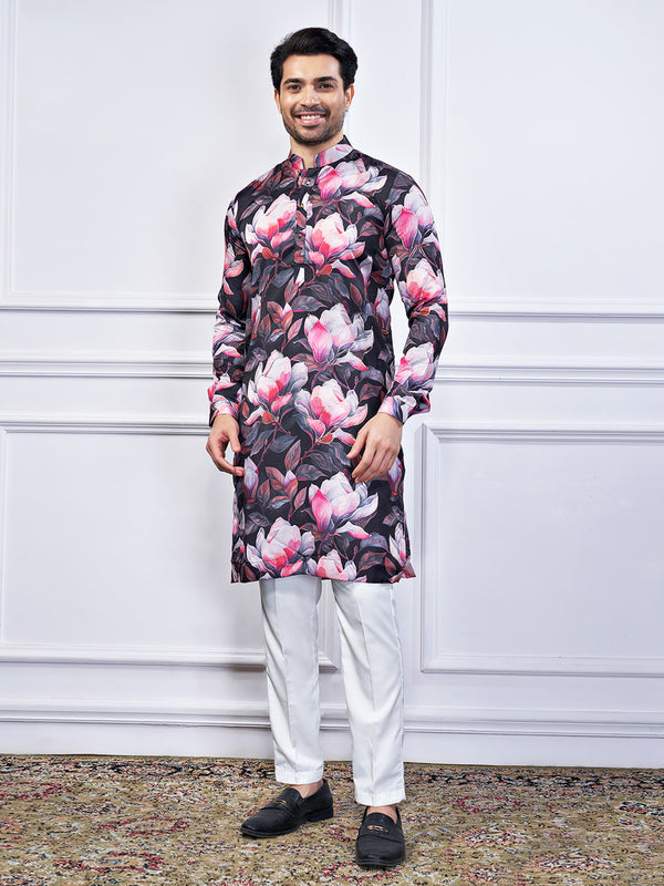 Stunning black kurta set enriched pink florals