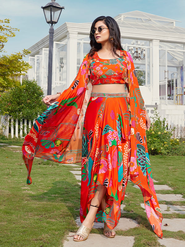 Flamboyant Tangerine Indo-Western Dhoti Set with Flowing Printed Shrug