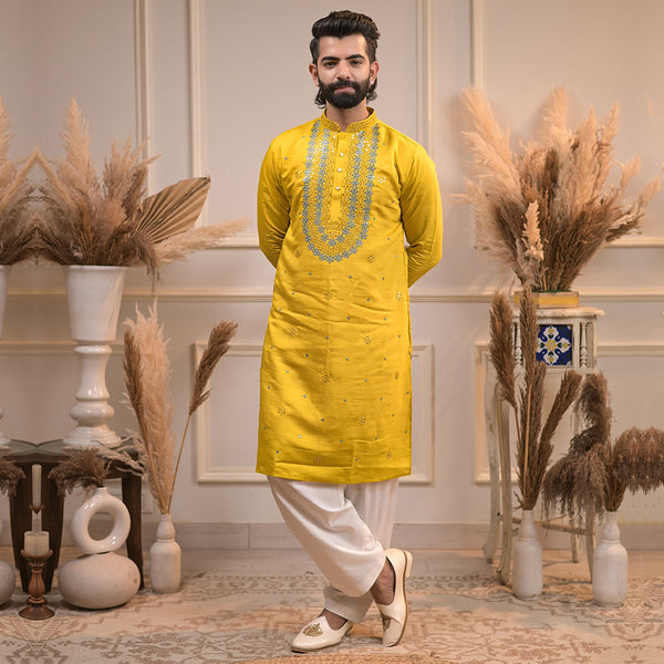 Bright Yellow Men's Kurta With Simple Embroidery
