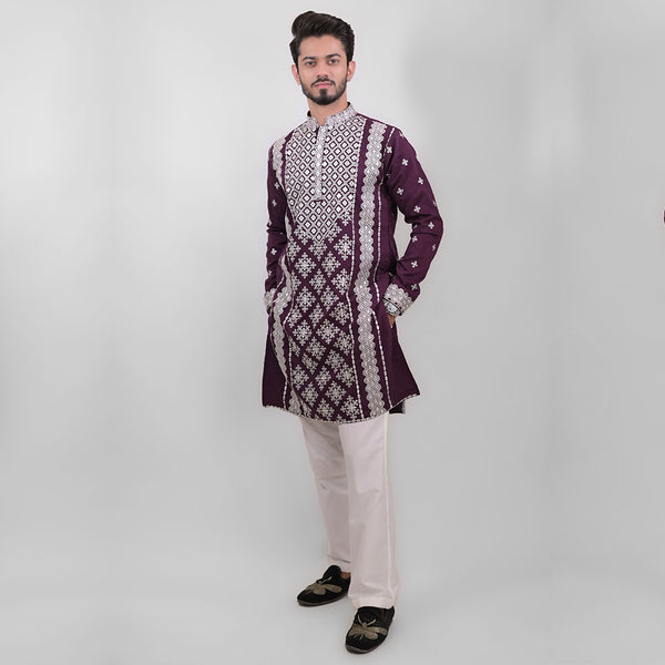 Purple and White ThreadWork Kurta for Men