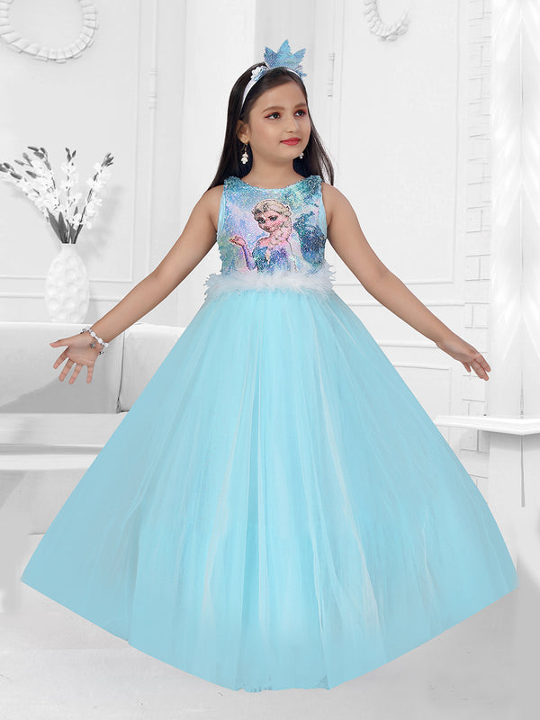 Frozen Themed Party Wear Gown For Baby Girls - Blue