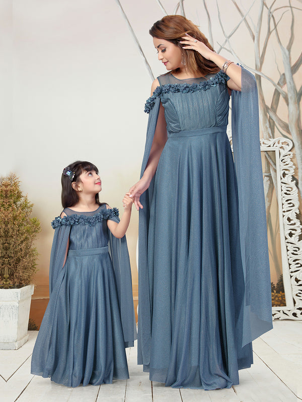 Blue Party Wear Gown With Off-shoulder Capes for Mommy