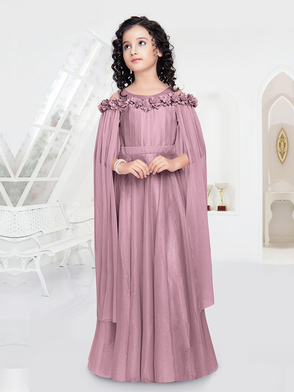 Grape Pink Color Party Wear Gown For Girls With Long Cape Sleeves