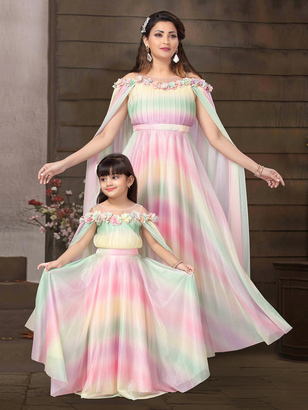 Multi Color Cape Style Designer Gown For Daughter