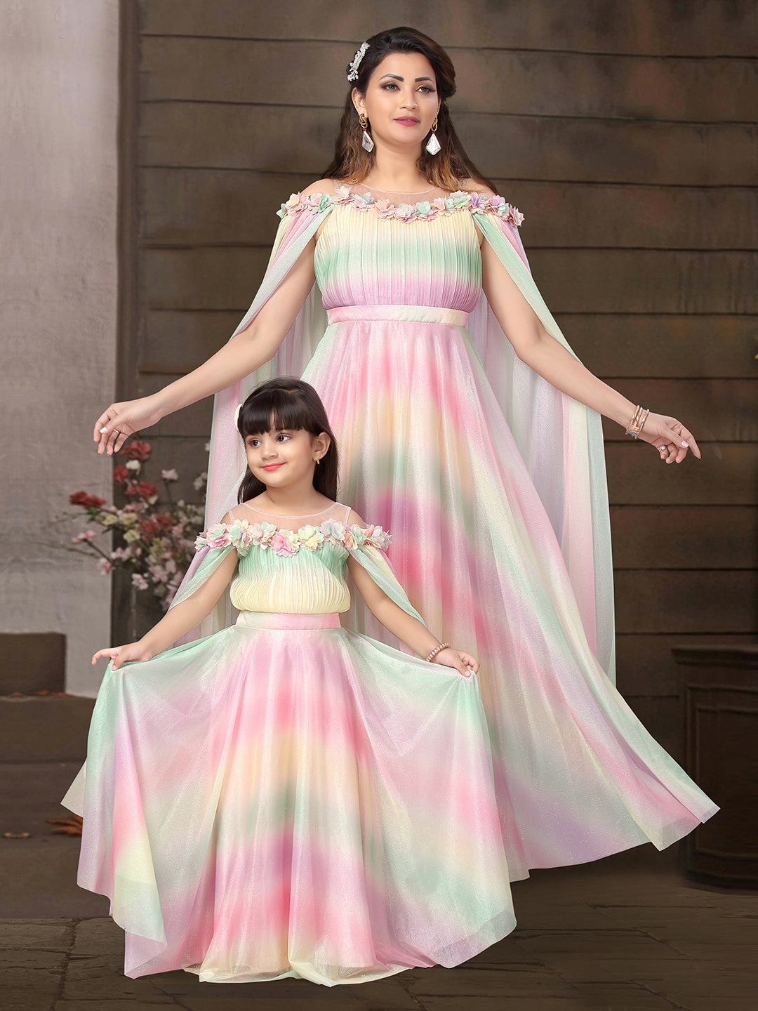 Multi Color Cape Style Designer Gown For Daughter Suvidha Fashion