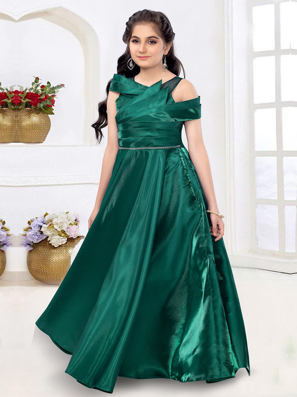 Bottle Green Color Floor Length Designer Gown For Girls
