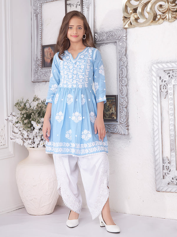 Regal Navy Blue Lucknowi Kurta for Girls