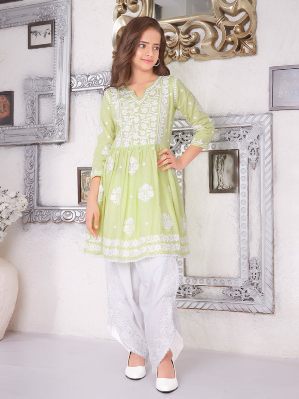 Refreshing Light Green Lucknowi Kurta for Girls