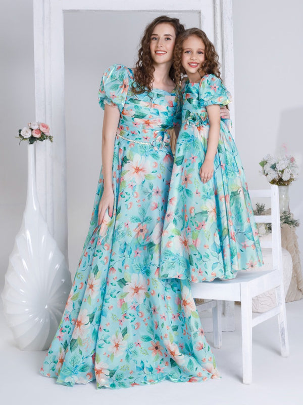 Frock Design Girls Floral Print Dress Light Blue Floral Print Gown