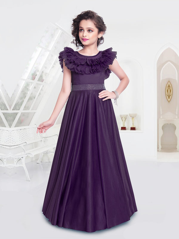 Ruffled Neck Wine Party Wear Gown with Girls