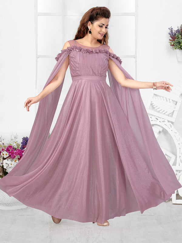 Ravishing Onion Pink Designer Gown For Women With Long-Sleeves Cape