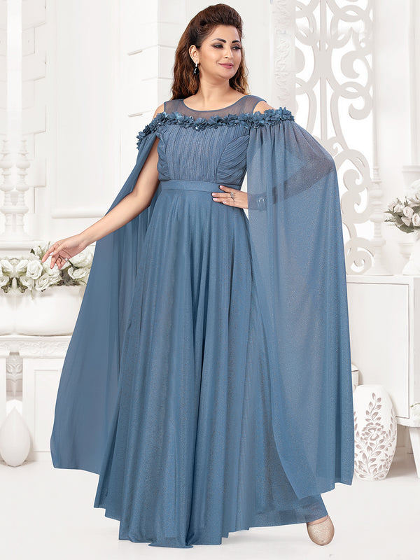 Marvellous Blue Party Wear Gown With Off-shoulder Cape for Women