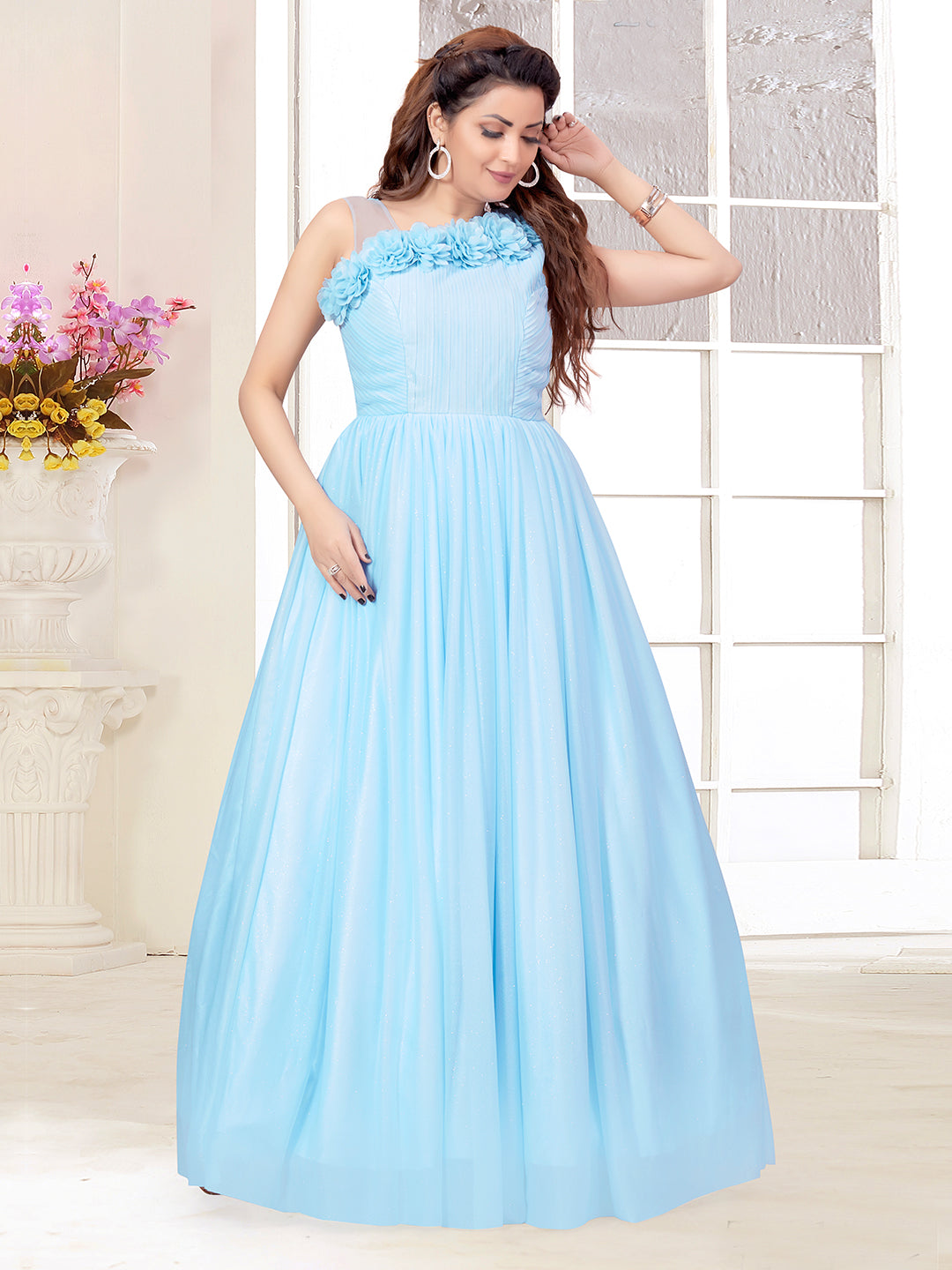 Floral Sky Blue Knee Length Dress - 2000-Sky Blue – TINY BABY INDIA