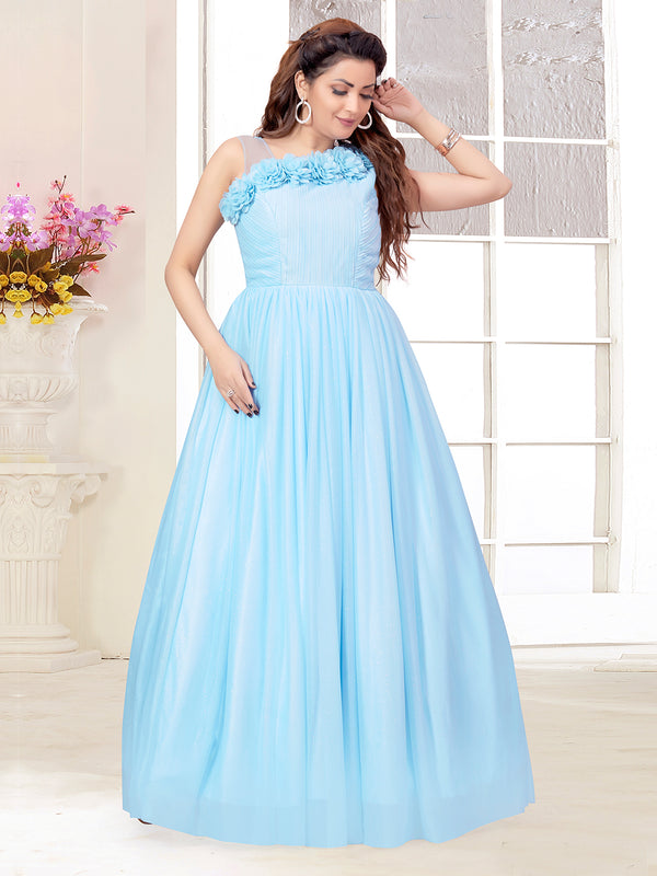Stunning Sky Blue One Side Off-Shoulder Party Gown for Women