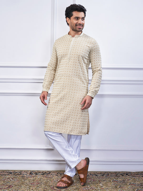 Coveted cream threadwork kurta pant set