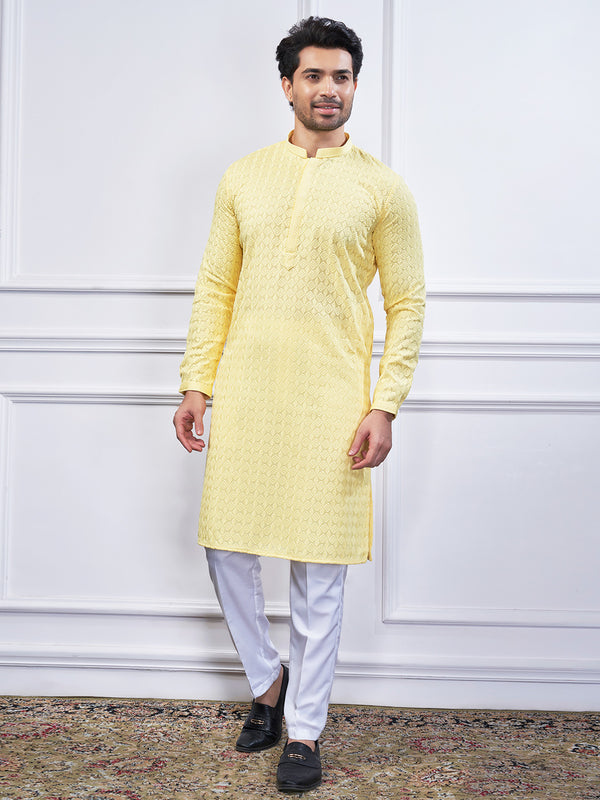 Butter yellow embroidered kurta set