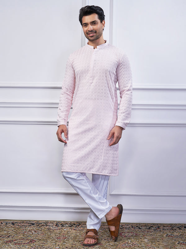 Baby pink threadwork kurta set for men