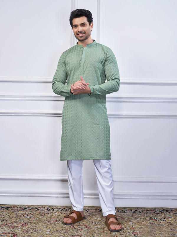 Threadwork kurta in olive green