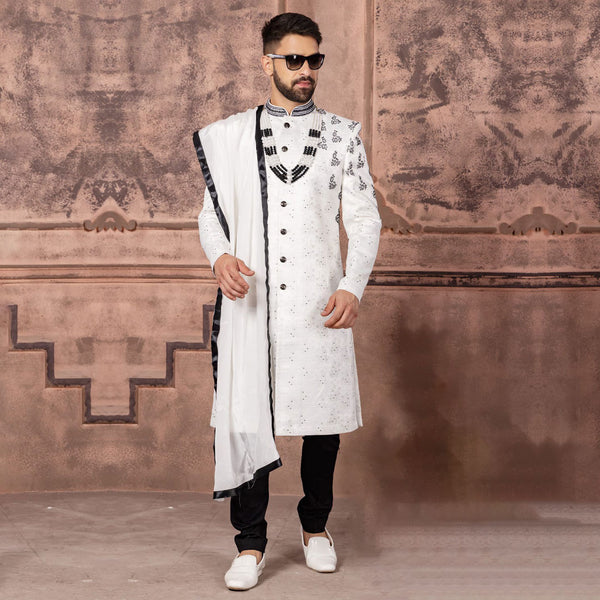 Grooming in White with Black Accents Sherwani