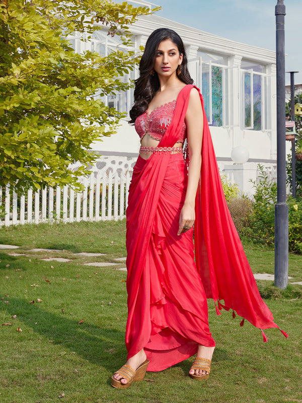 Tassel Detail Scarlet Pink Radiance Indo-Western Draped Saree