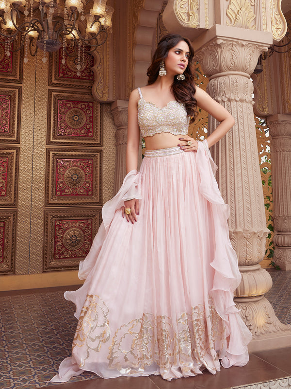 Smooth Pink Embroidered Ruffled Lehenga Set