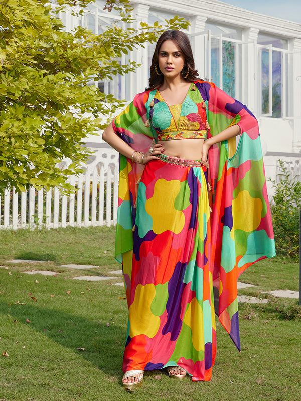 Vivid Multicolor Abstract Print Indo-Western Draped Skirt Set