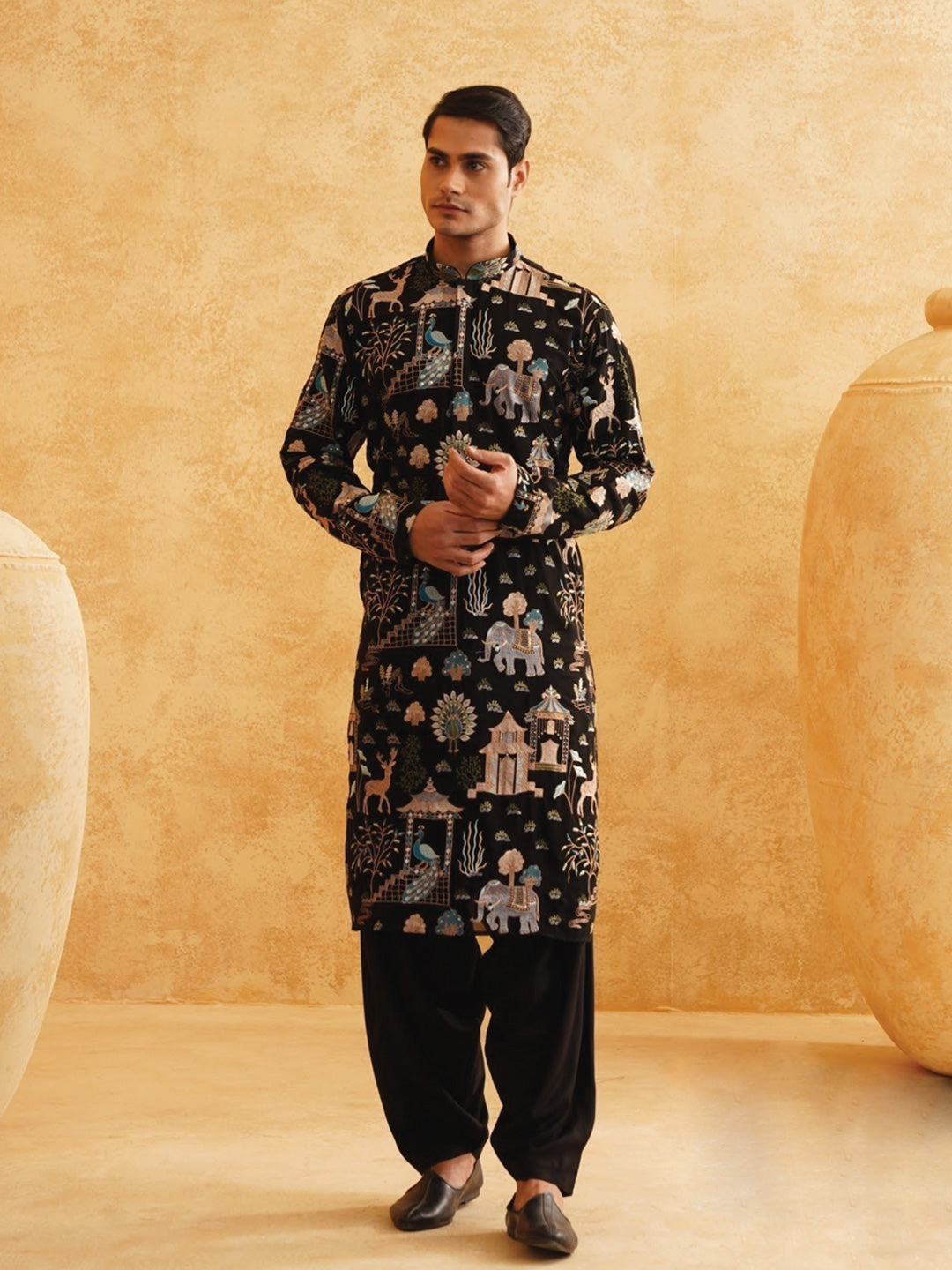 Pathani Sets Heritage Black and Multi Pathani Set – Suvidha Fashion