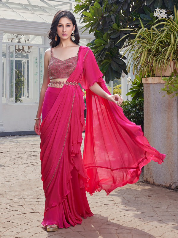 Flamingo Rose Draped Indo-Western Saree with Embellished Blouse