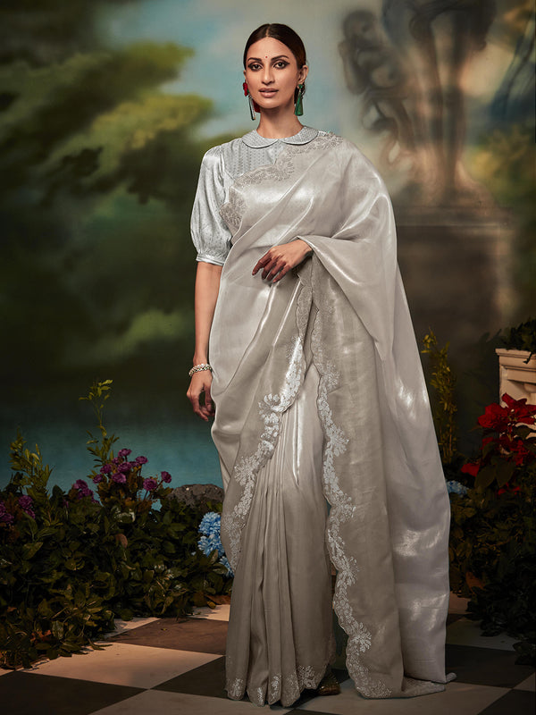 Silver Shimmering Silk Saree with Embroidered  Border for Weddings