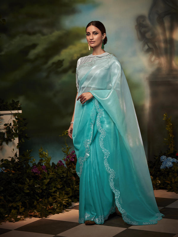 Sky Blue Saree with Silver Embroidered Border