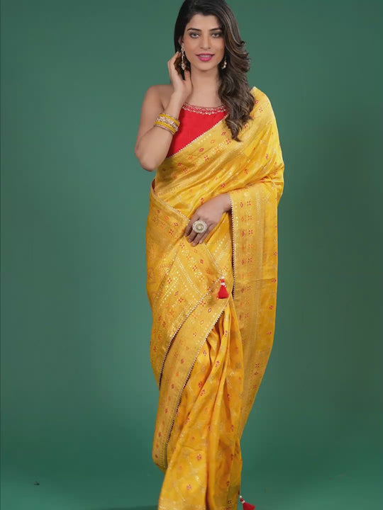 Buy KISHORI Silk Bandhani and Zari Weaving Saree with Unstitched Blouse -  Yellow online