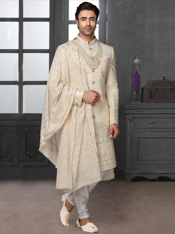 Royal Cream Silk Sherwani With Rich Embellishments & Embroidery