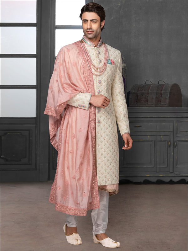 Cream & Peach Color Coordinated Designer Silk Sherwani For Men