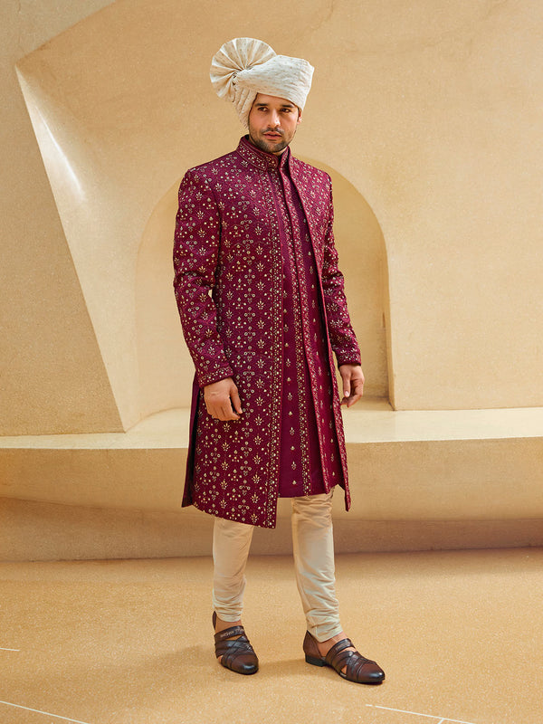 Majestic Magenta Mens Ethnic Silk Sherwani Adorned With Rich Thread Work All Over