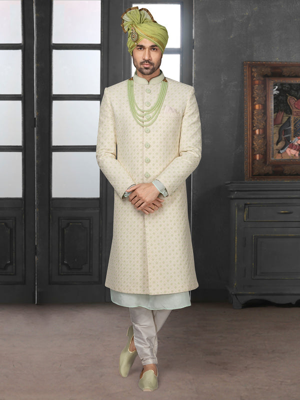 Off White Subtle Silk Designer Sherwani For Men
